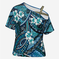 Polynesian Hibiscus Tropical Blue Floral Cross Shoulder Shirt Tribal Pattern - Polynesian Pride