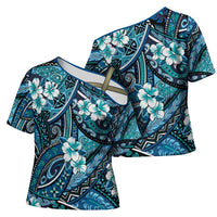 Polynesian Hibiscus Tropical Blue Floral Cross Shoulder Shirt Tribal Pattern - Polynesian Pride