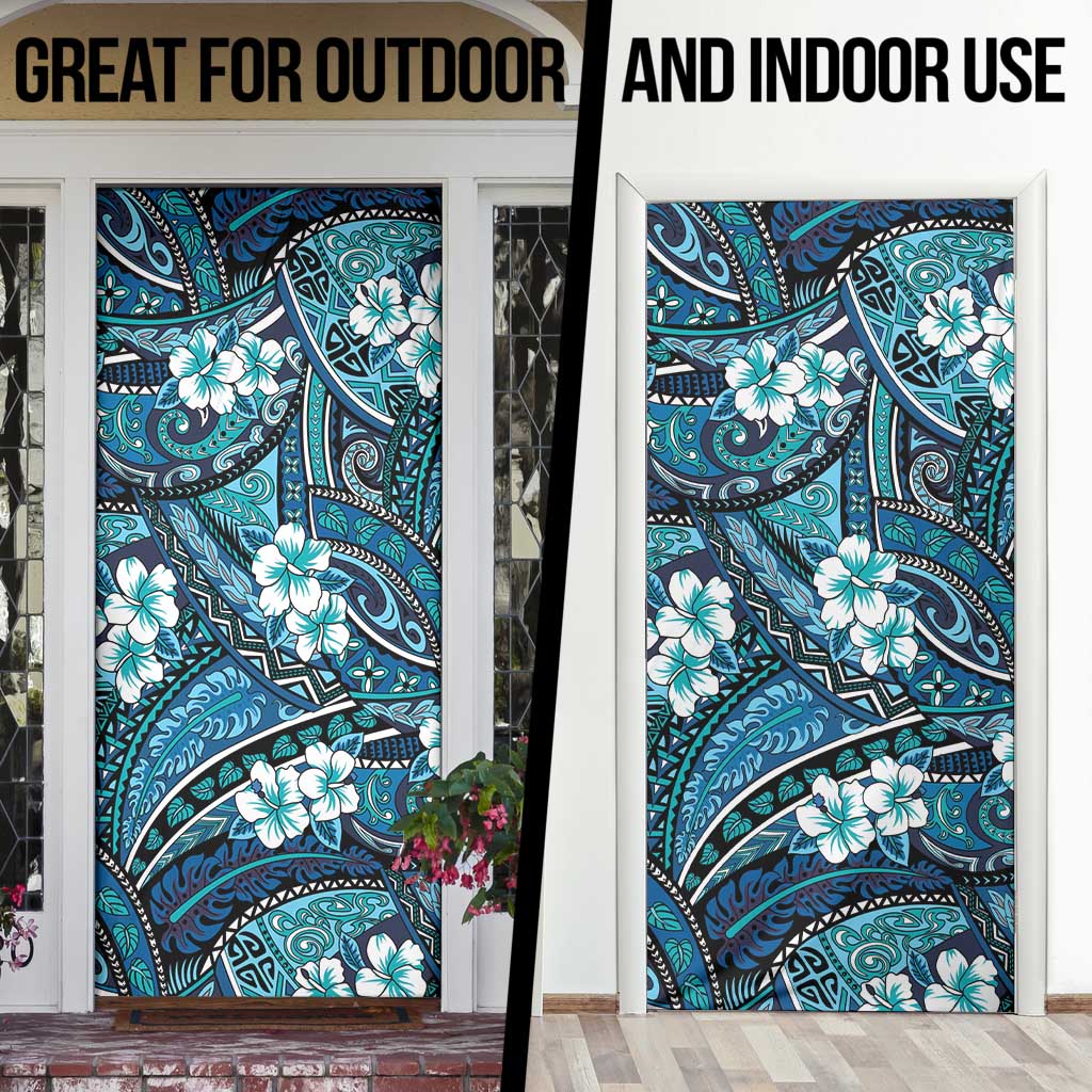 Polynesian Hibiscus Tropical Blue Floral Door Cover Tribal Pattern - Polynesian Pride