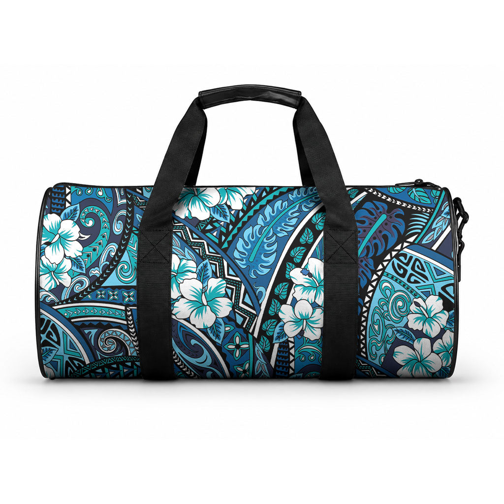 Polynesian Hibiscus Tropical Blue Floral Duffle Bag Tribal Pattern