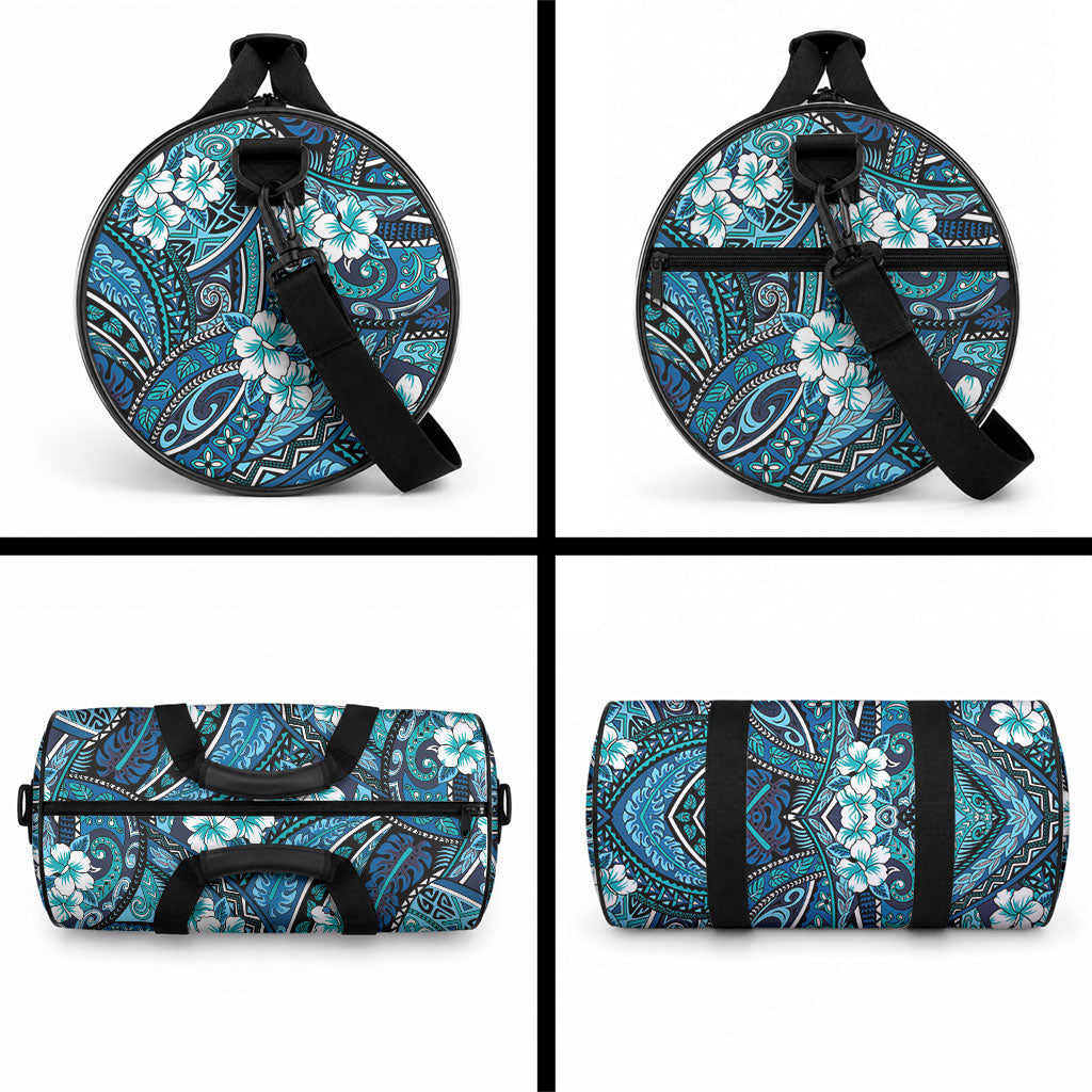 Polynesian Hibiscus Tropical Blue Floral Duffle Bag Tribal Pattern