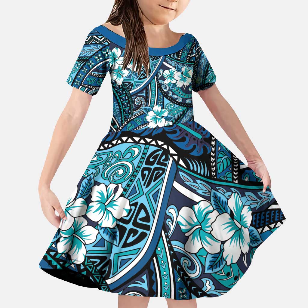Polynesian Hibiscus Tropical Blue Floral Family Matching Mermaid Dress and Hawaiian Shirt Tribal Pattern - Polynesian Pride