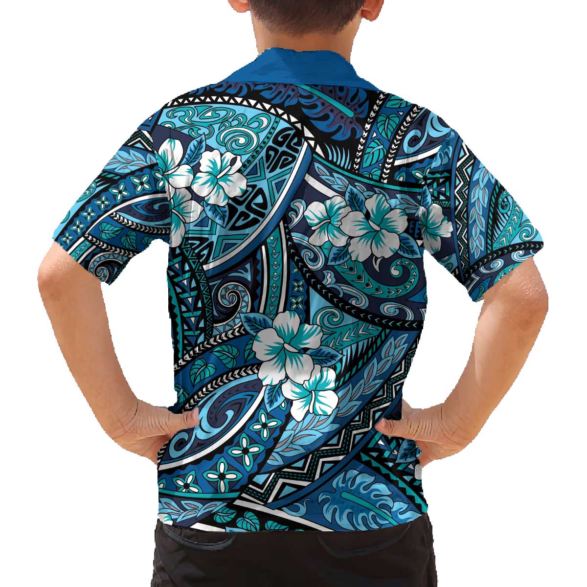 Polynesian Hibiscus Tropical Blue Floral Family Matching Off The Shoulder Long Sleeve Dress and Hawaiian Shirt Tribal Pattern - Polynesian Pride