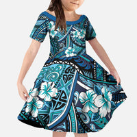Polynesian Hibiscus Tropical Blue Floral Family Matching Off The Shoulder Long Sleeve Dress and Hawaiian Shirt Tribal Pattern - Polynesian Pride