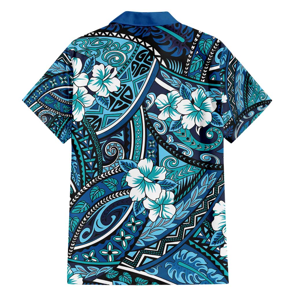 Polynesian Hibiscus Tropical Blue Floral Family Matching Off Shoulder Maxi Dress and Hawaiian Shirt Tribal Pattern - Polynesian Pride