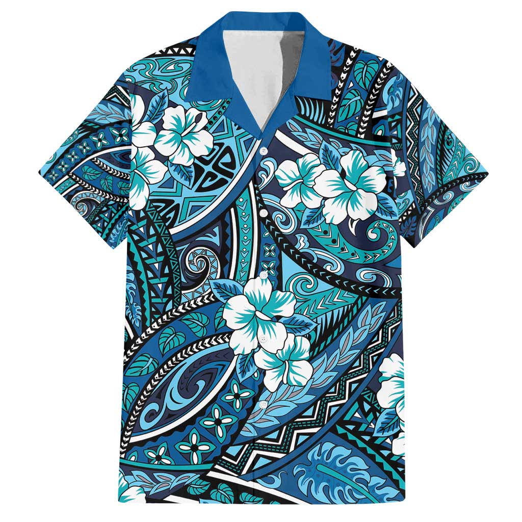 Polynesian Hibiscus Tropical Blue Floral Family Matching Off Shoulder Short Dress and Hawaiian Shirt Tribal Pattern - Polynesian Pride