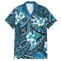 Polynesian Hibiscus Tropical Blue Floral Family Matching Off Shoulder Short Dress and Hawaiian Shirt Tribal Pattern - Polynesian Pride