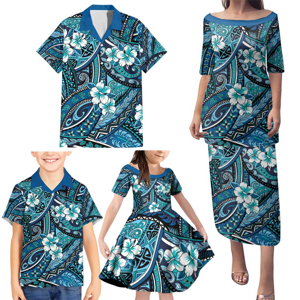 Polynesian Hibiscus Tropical Blue Floral Family Matching Puletasi and Hawaiian Shirt Tribal Pattern - Polynesian Pride