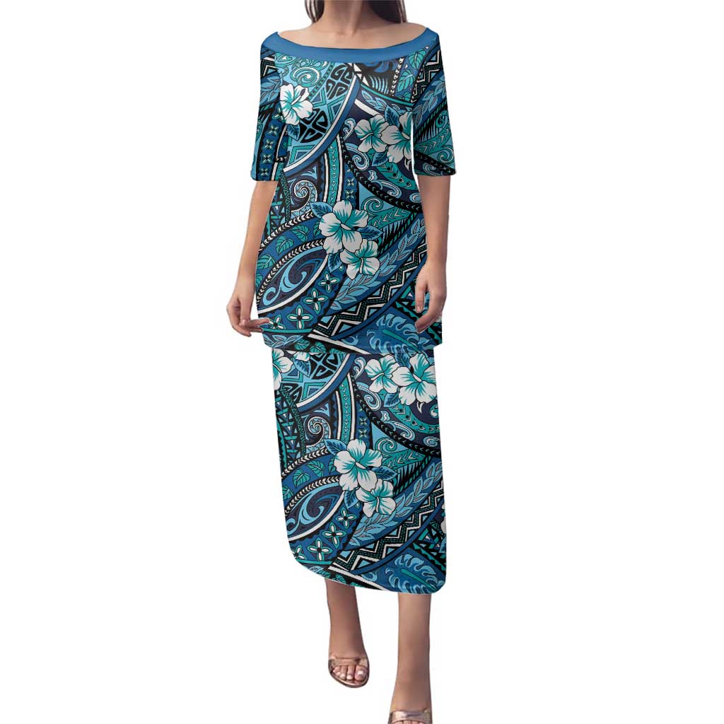 Polynesian Hibiscus Tropical Blue Floral Family Matching Puletasi and Hawaiian Shirt Tribal Pattern - Polynesian Pride