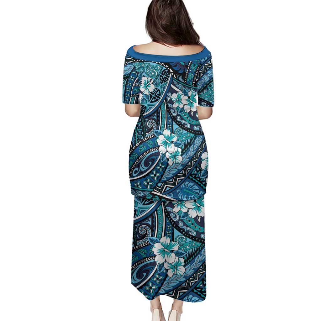 Polynesian Hibiscus Tropical Blue Floral Family Matching Puletasi and Hawaiian Shirt Tribal Pattern - Polynesian Pride