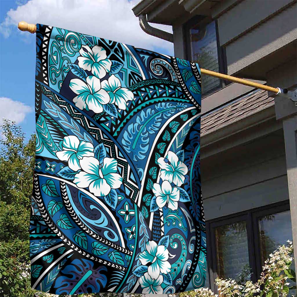 Polynesian Hibiscus Tropical Blue Floral Garden Flag Tribal Pattern - Polynesian Pride