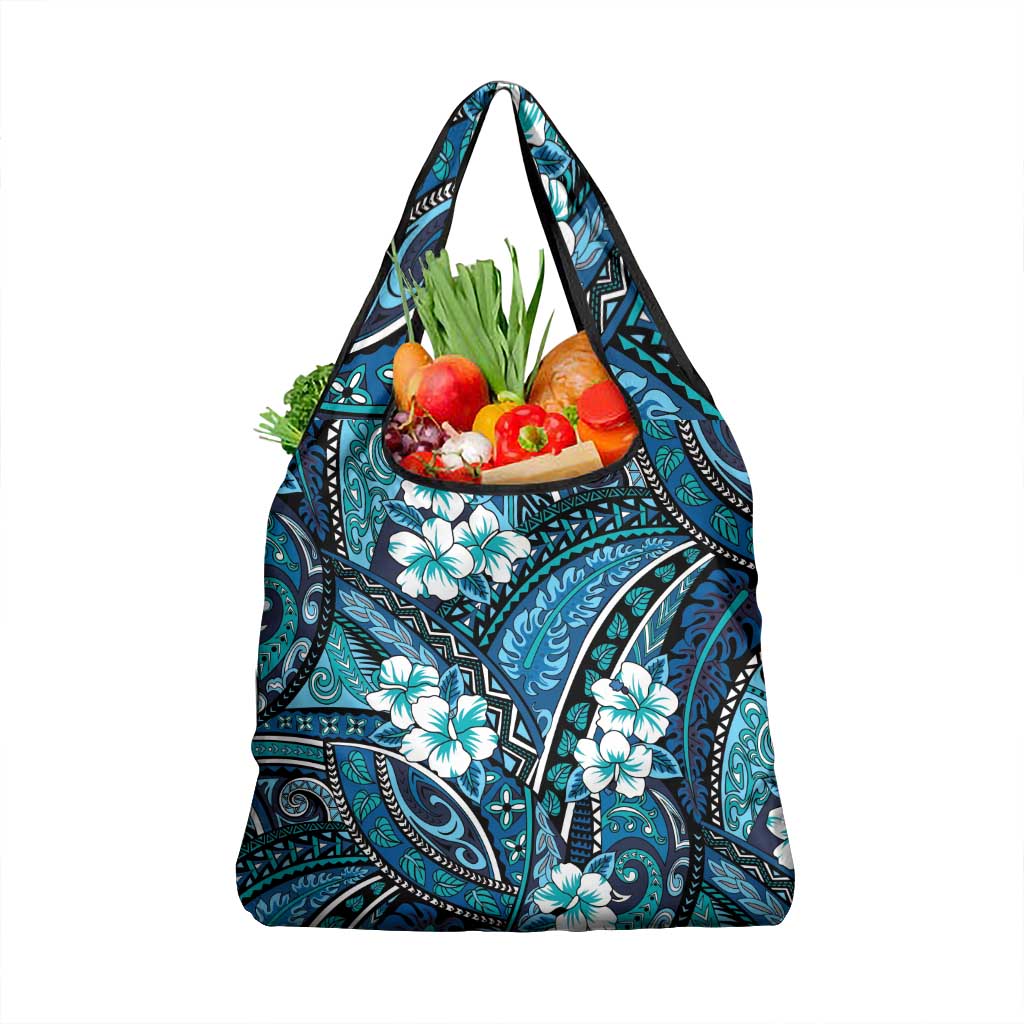Polynesian Hibiscus Tropical Blue Floral Grocery Bag Tribal Pattern - Polynesian Pride