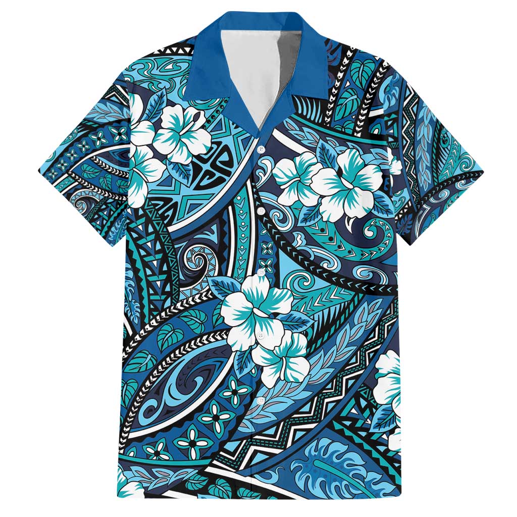 Polynesian Hibiscus Tropical Blue Floral Hawaiian Shirt Tribal Pattern - Polynesian Pride