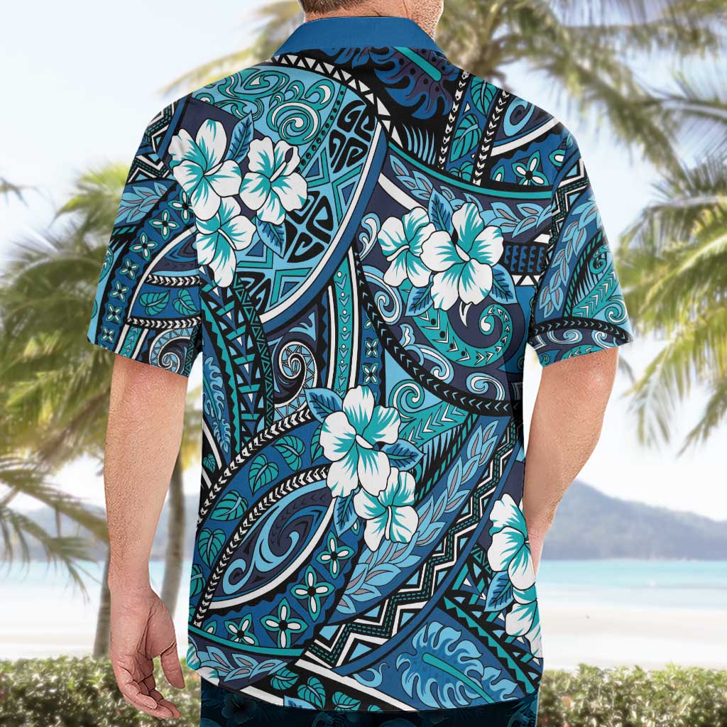 Polynesian Hibiscus Tropical Blue Floral Hawaiian Shirt Tribal Pattern - Polynesian Pride