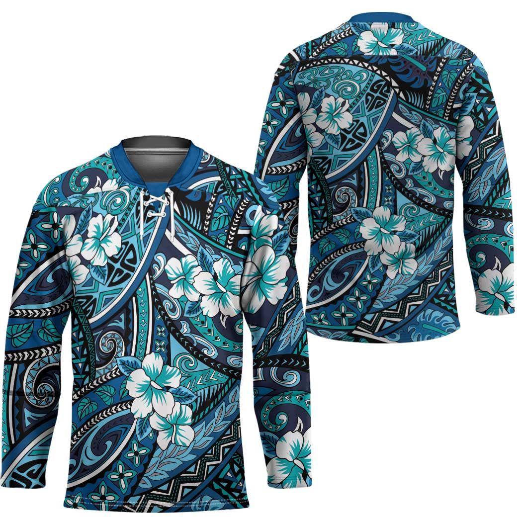 Polynesian Hibiscus Tropical Blue Floral Hockey Jersey Tribal Pattern - Polynesian Pride