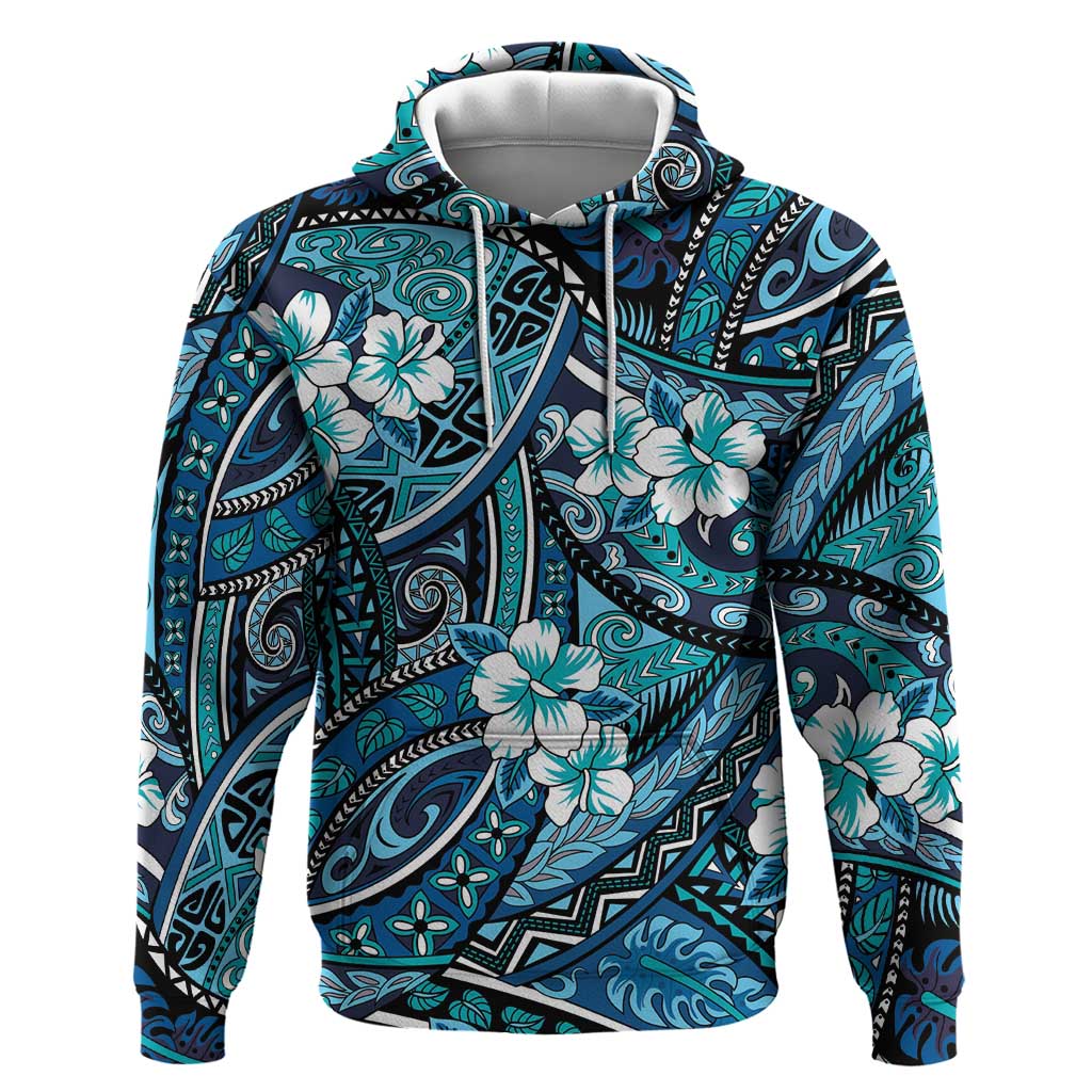Polynesian Hibiscus Tropical Blue Floral Hoodie Tribal Pattern - Polynesian Pride