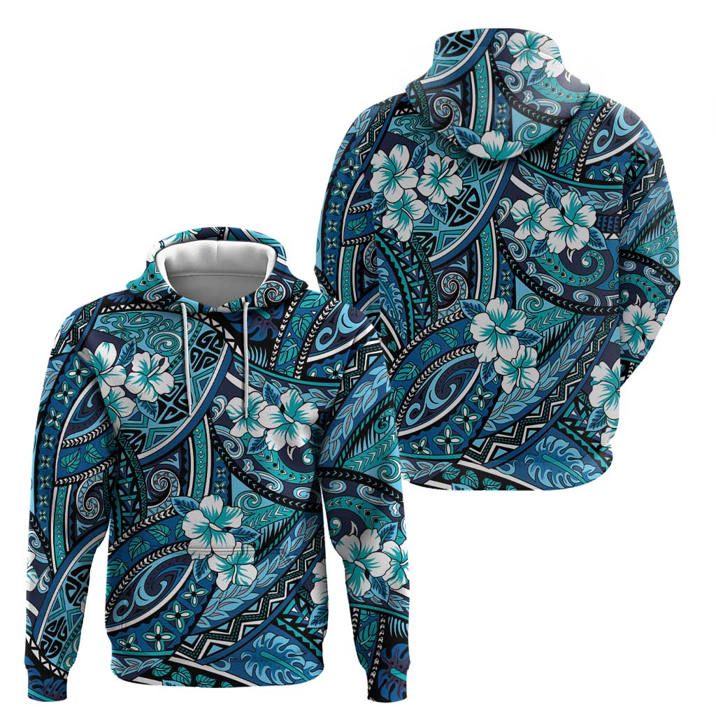 Polynesian Hibiscus Tropical Blue Floral Hoodie Tribal Pattern - Polynesian Pride