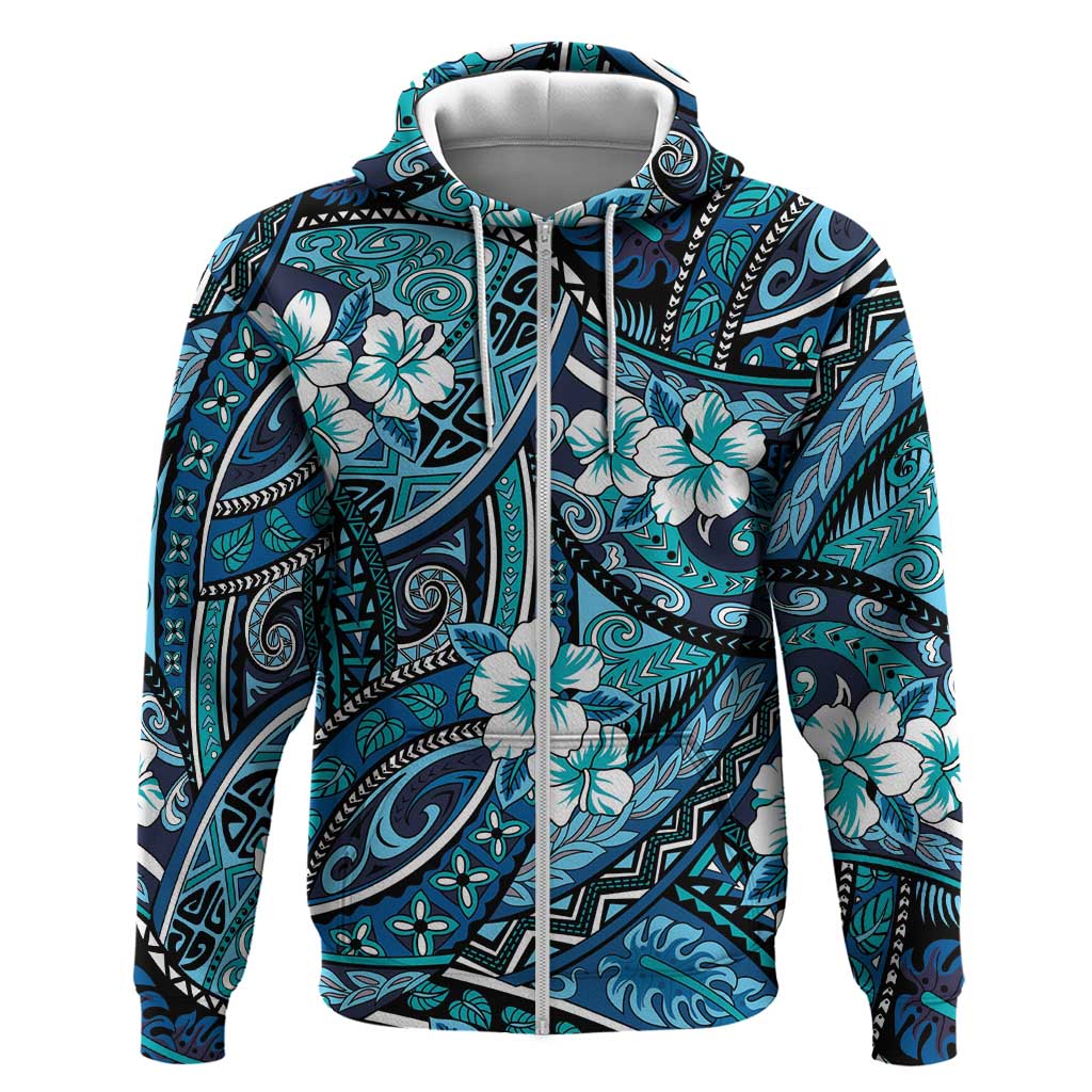 Polynesian Hibiscus Tropical Blue Floral Hoodie Tribal Pattern - Polynesian Pride