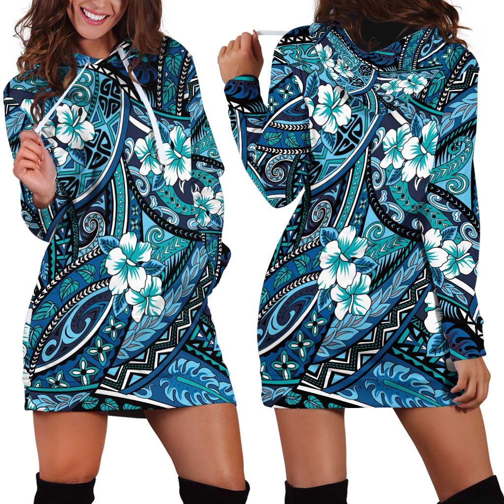 Polynesian Hibiscus Tropical Blue Floral Hoodie Dress Tribal Pattern - Polynesian Pride
