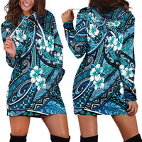 Polynesian Hibiscus Tropical Blue Floral Hoodie Dress Tribal Pattern - Polynesian Pride