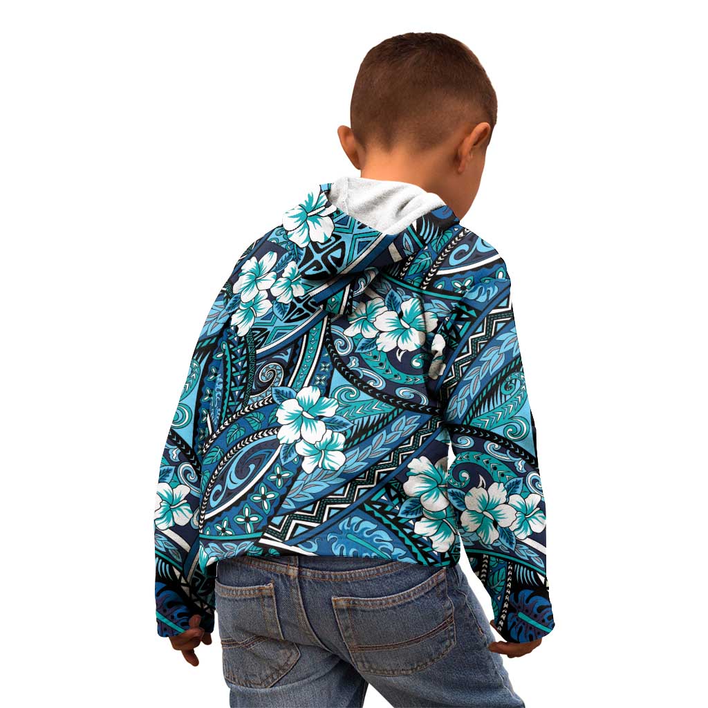 Polynesian Hibiscus Tropical Blue Floral Kid Hoodie Tribal Pattern - Polynesian Pride