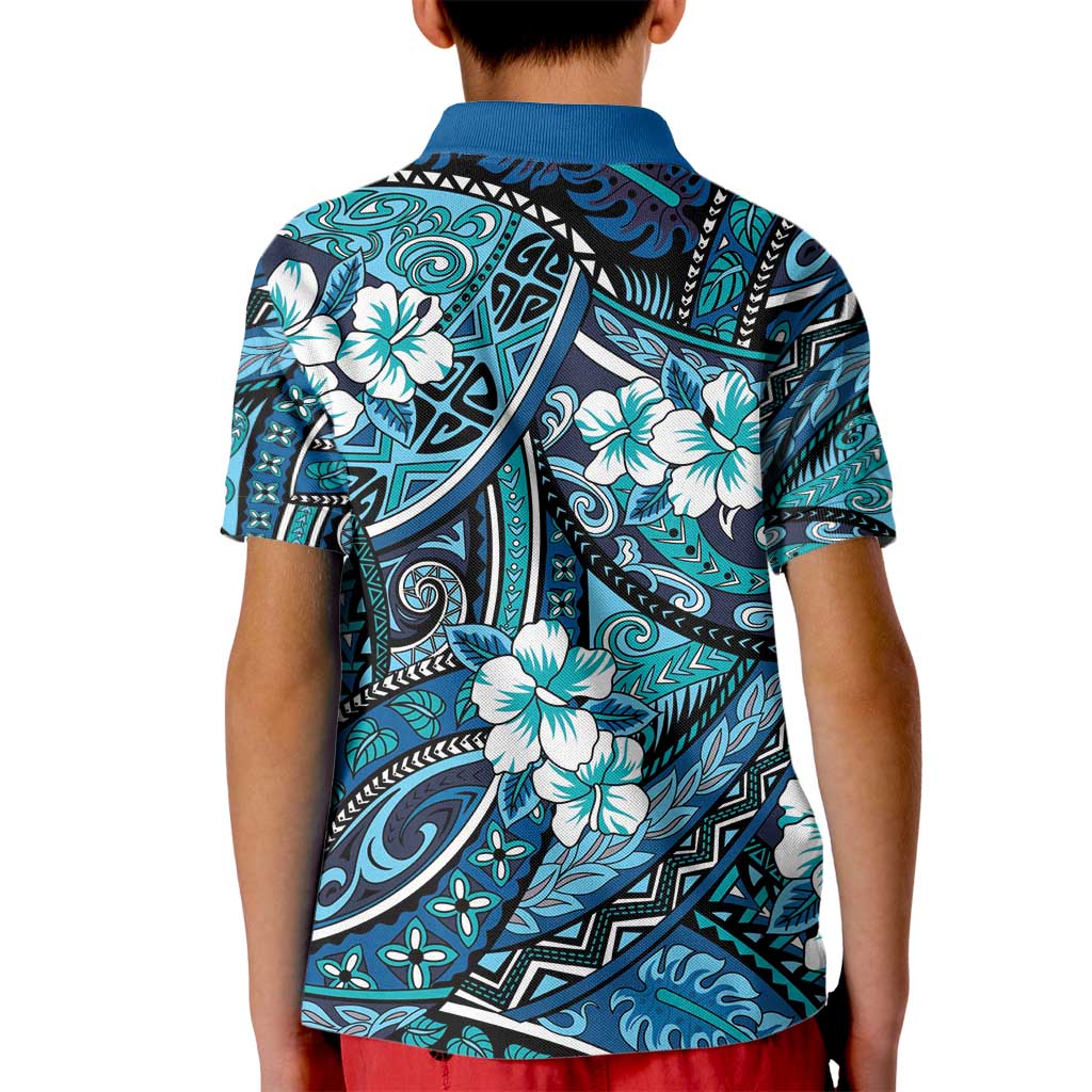 Polynesian Hibiscus Tropical Blue Floral Kid Polo Shirt Tribal Pattern LT01 - Polynesian Pride