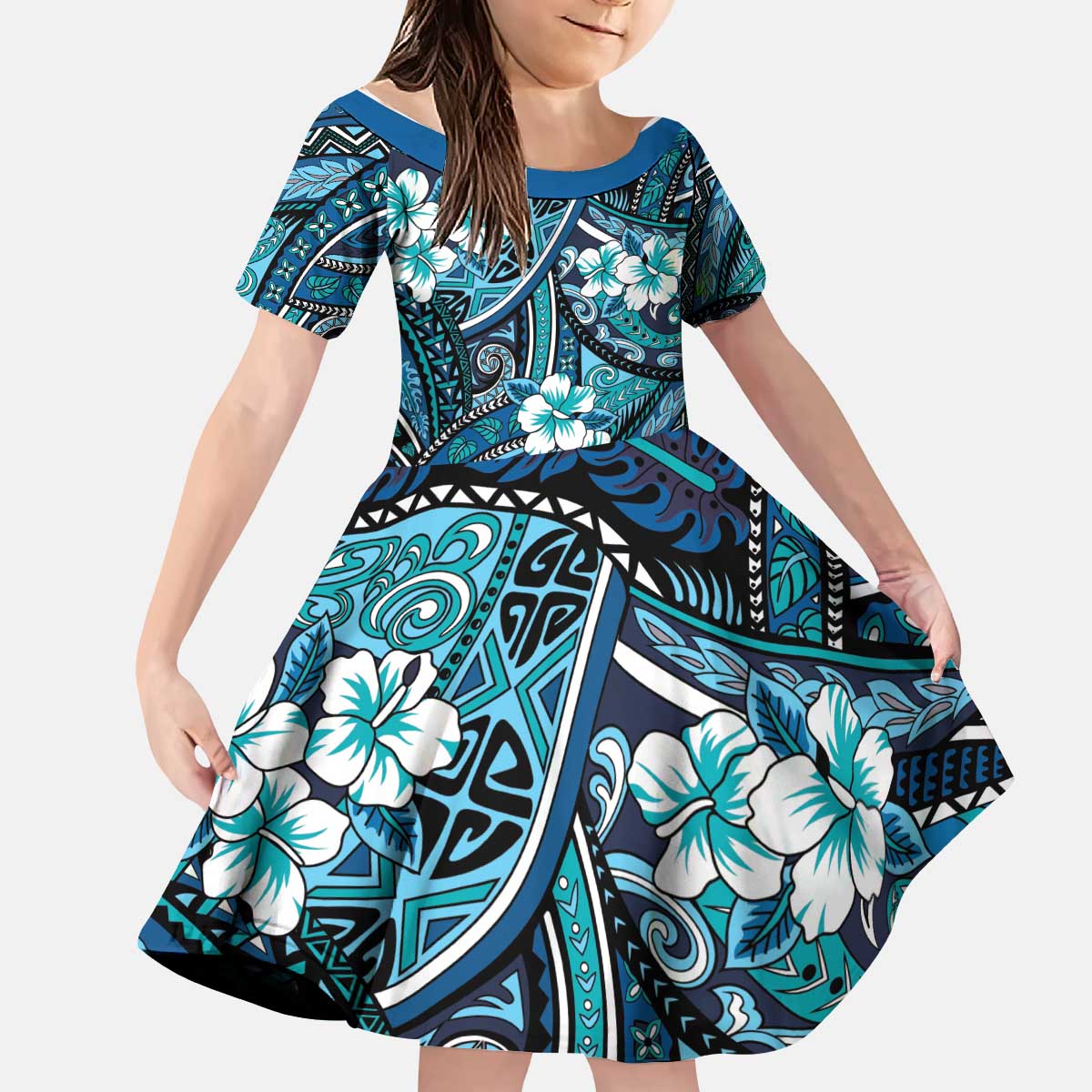 Polynesian Hibiscus Tropical Blue Floral Kid Short Sleeve Dress Tribal Pattern - Polynesian Pride