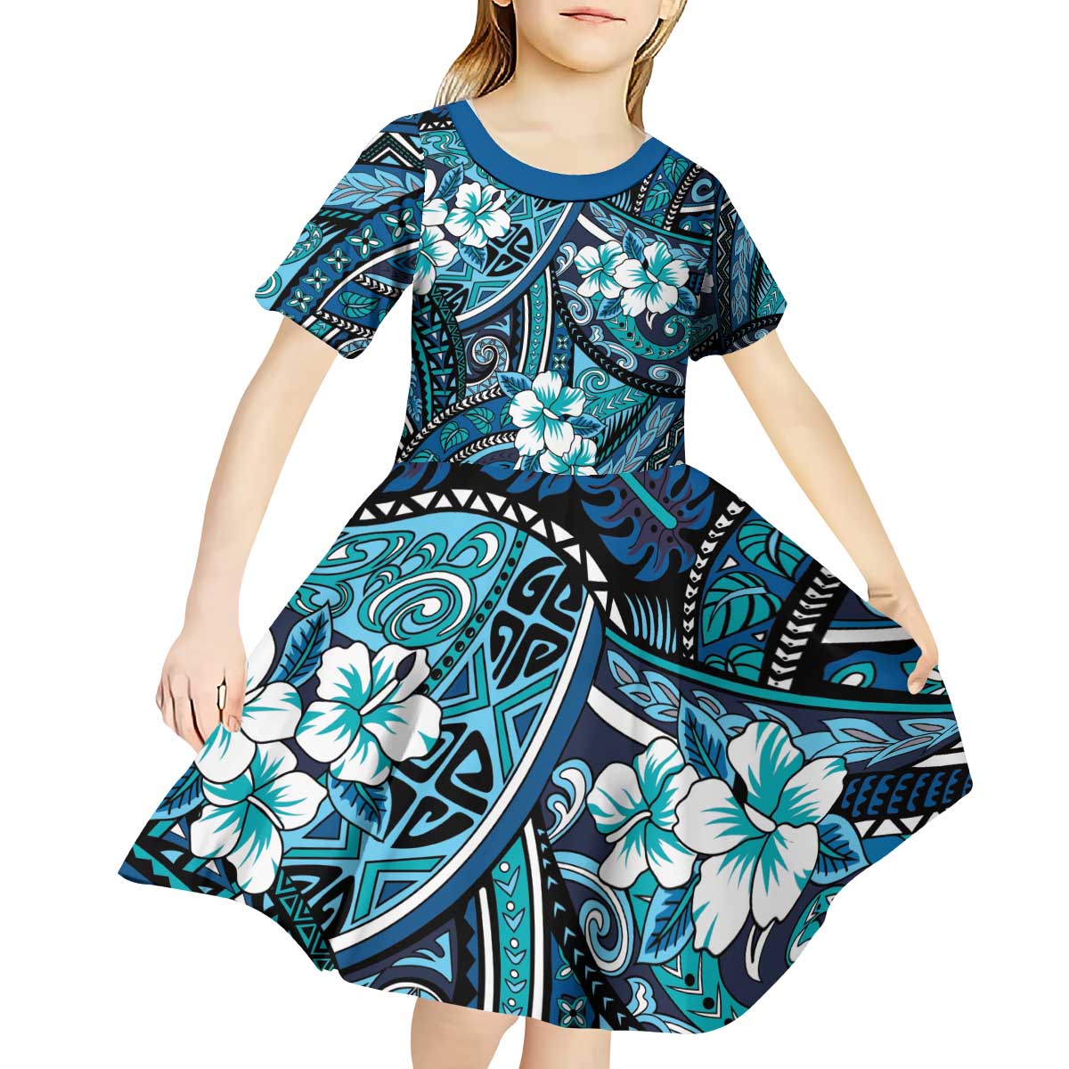 Polynesian Hibiscus Tropical Blue Floral Kid Short Sleeve Dress Tribal Pattern - Polynesian Pride