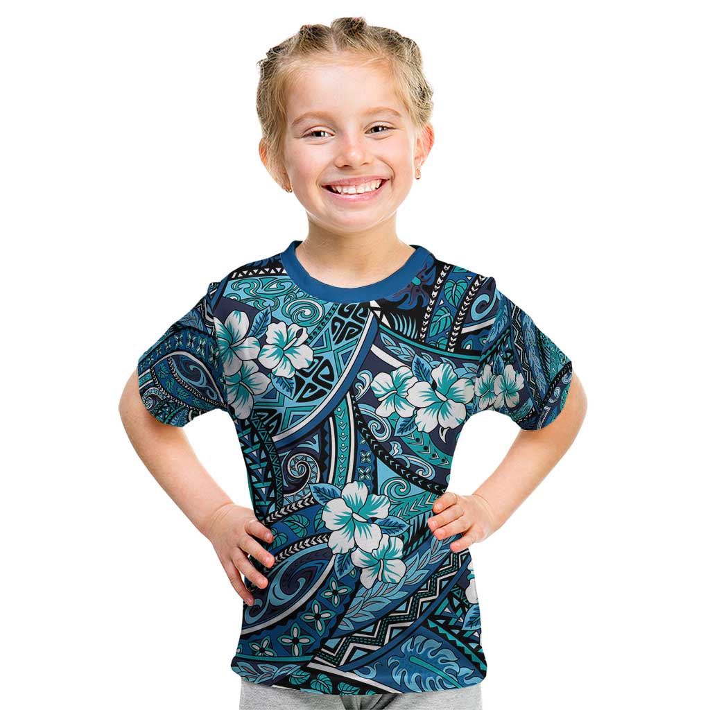 Polynesian Hibiscus Tropical Blue Floral Kid T Shirt Tribal Pattern LT01 Blue - Polynesian Pride