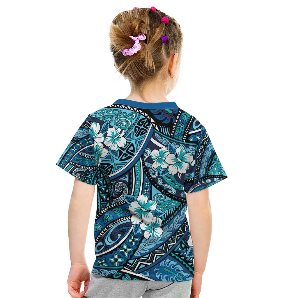 Polynesian Hibiscus Tropical Blue Floral Kid T Shirt Tribal Pattern LT01 - Polynesian Pride