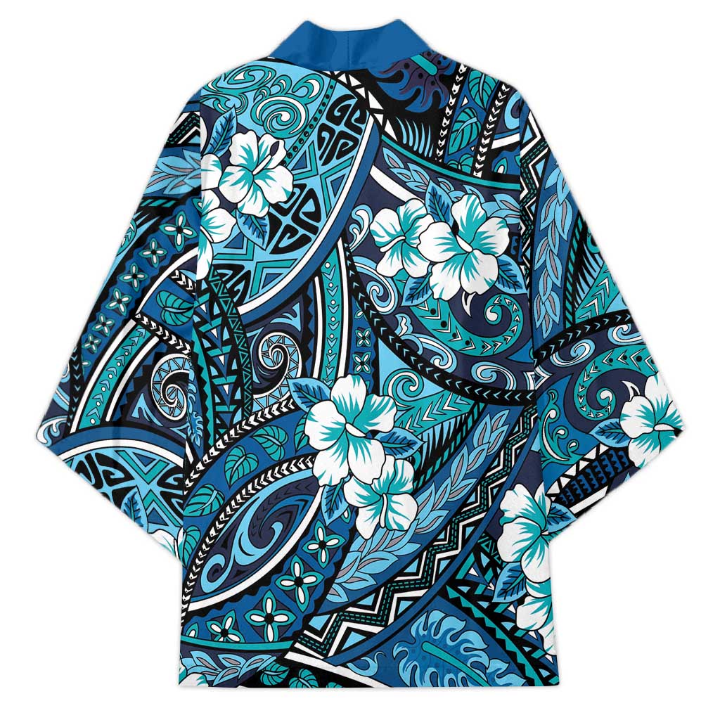 Polynesian Hibiscus Tropical Blue Floral Kimono Tribal Pattern - Polynesian Pride