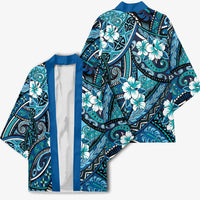 Polynesian Hibiscus Tropical Blue Floral Kimono Tribal Pattern - Polynesian Pride