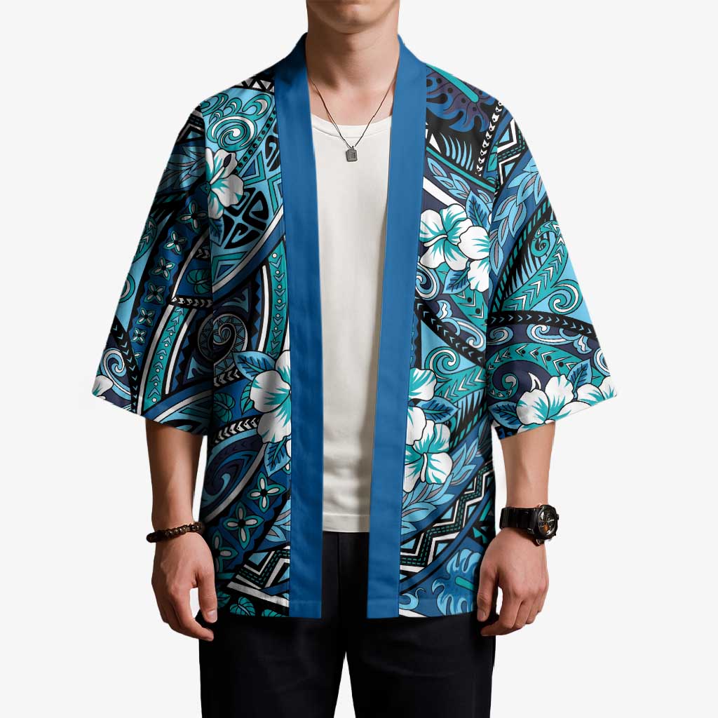 Polynesian Hibiscus Tropical Blue Floral Kimono Tribal Pattern - Polynesian Pride