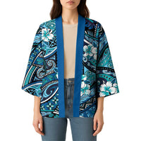 Polynesian Hibiscus Tropical Blue Floral Kimono Tribal Pattern - Polynesian Pride