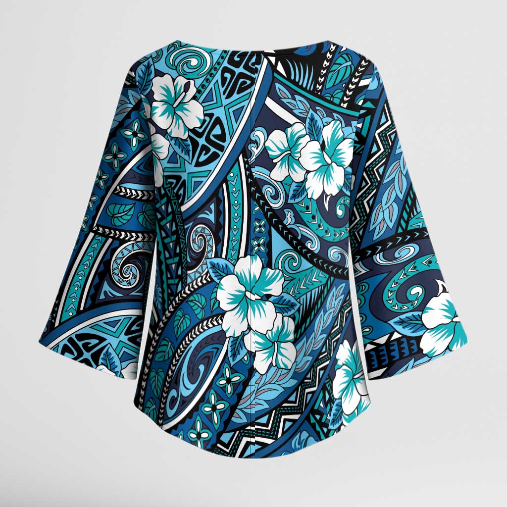 Polynesian Hibiscus Tropical Blue Floral Kimono Sleeve Blouse Tribal Pattern - Polynesian Pride