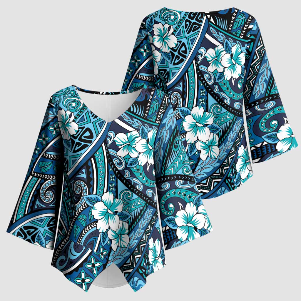 Polynesian Hibiscus Tropical Blue Floral Kimono Sleeve Blouse Tribal Pattern - Polynesian Pride