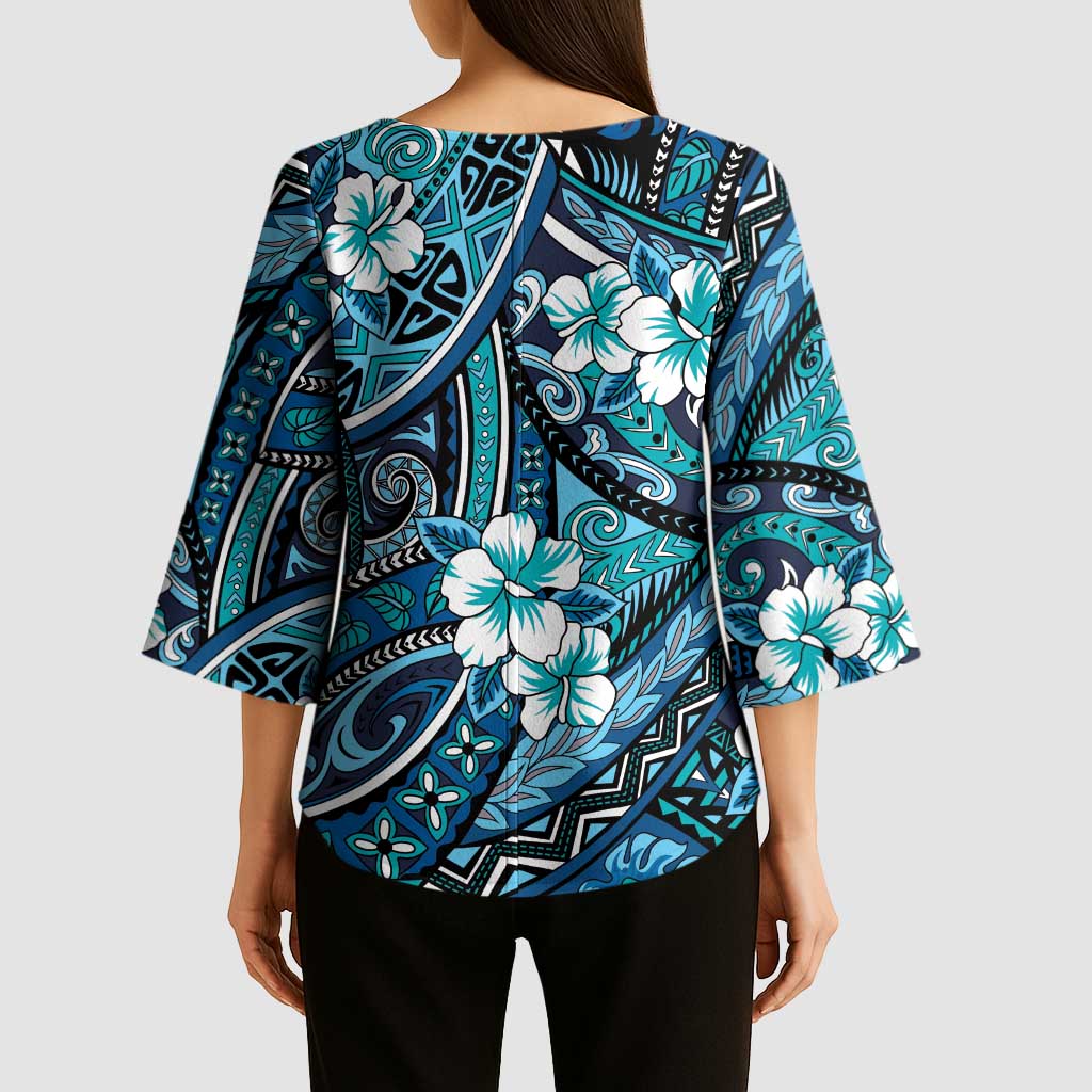 Polynesian Hibiscus Tropical Blue Floral Kimono Sleeve Blouse Tribal Pattern - Polynesian Pride