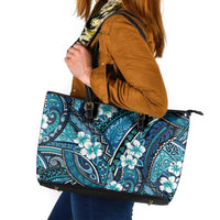 Polynesian Hibiscus Tropical Blue Floral Leather Tote Bag Tribal Pattern - Polynesian Pride