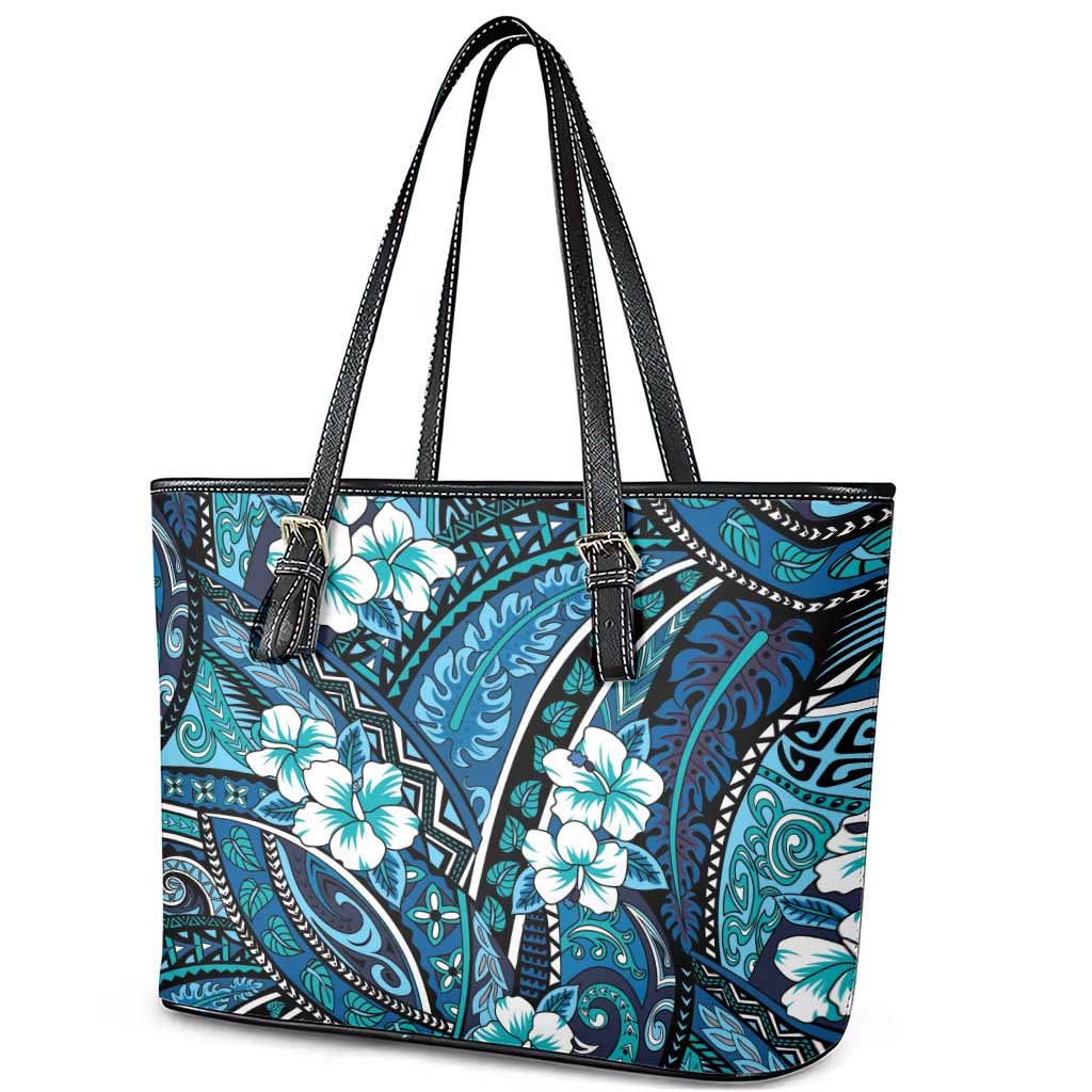 Polynesian Hibiscus Tropical Blue Floral Leather Tote Bag Tribal Pattern - Polynesian Pride