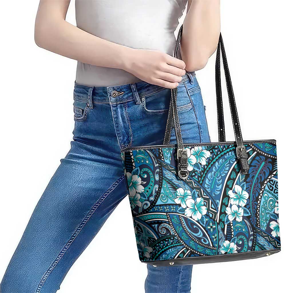Polynesian Hibiscus Tropical Blue Floral Leather Tote Bag Tribal Pattern - Polynesian Pride