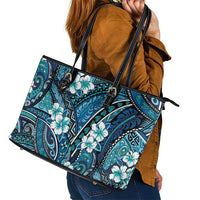 Polynesian Hibiscus Tropical Blue Floral Leather Tote Bag Tribal Pattern - Polynesian Pride