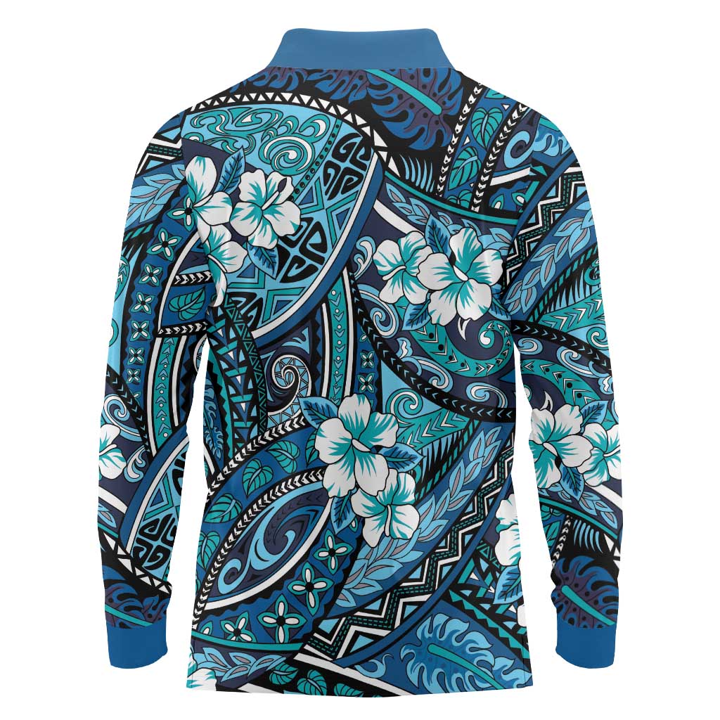 Polynesian Hibiscus Tropical Blue Floral Long Sleeve Polo Shirt Tribal Pattern LT01 - Polynesian Pride