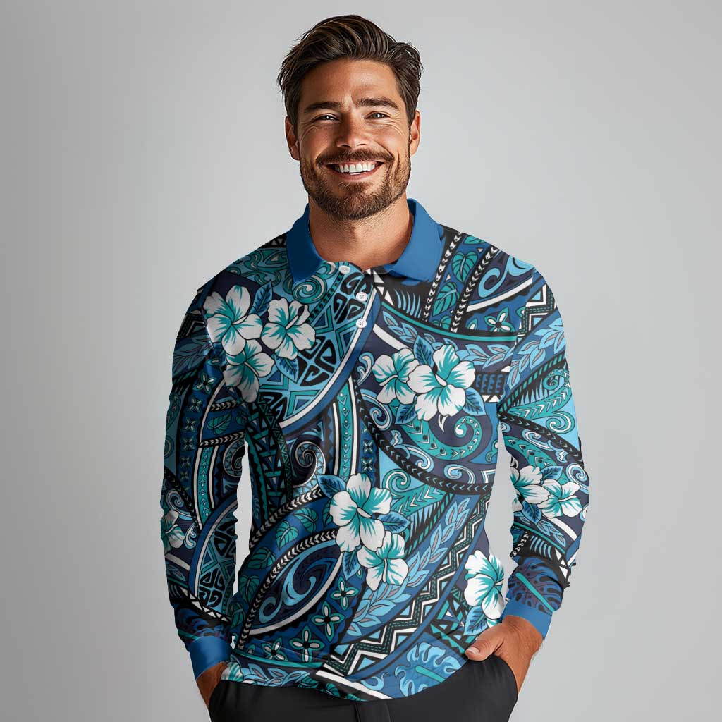 Polynesian Hibiscus Tropical Blue Floral Long Sleeve Polo Shirt Tribal Pattern LT01 - Polynesian Pride