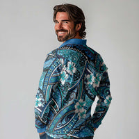 Polynesian Hibiscus Tropical Blue Floral Long Sleeve Polo Shirt Tribal Pattern LT01 - Polynesian Pride