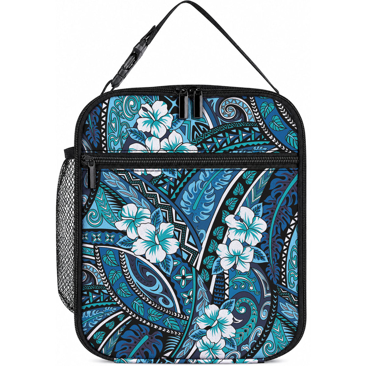 Polynesian Hibiscus Tropical Blue Floral Lunch Bag Tribal Pattern