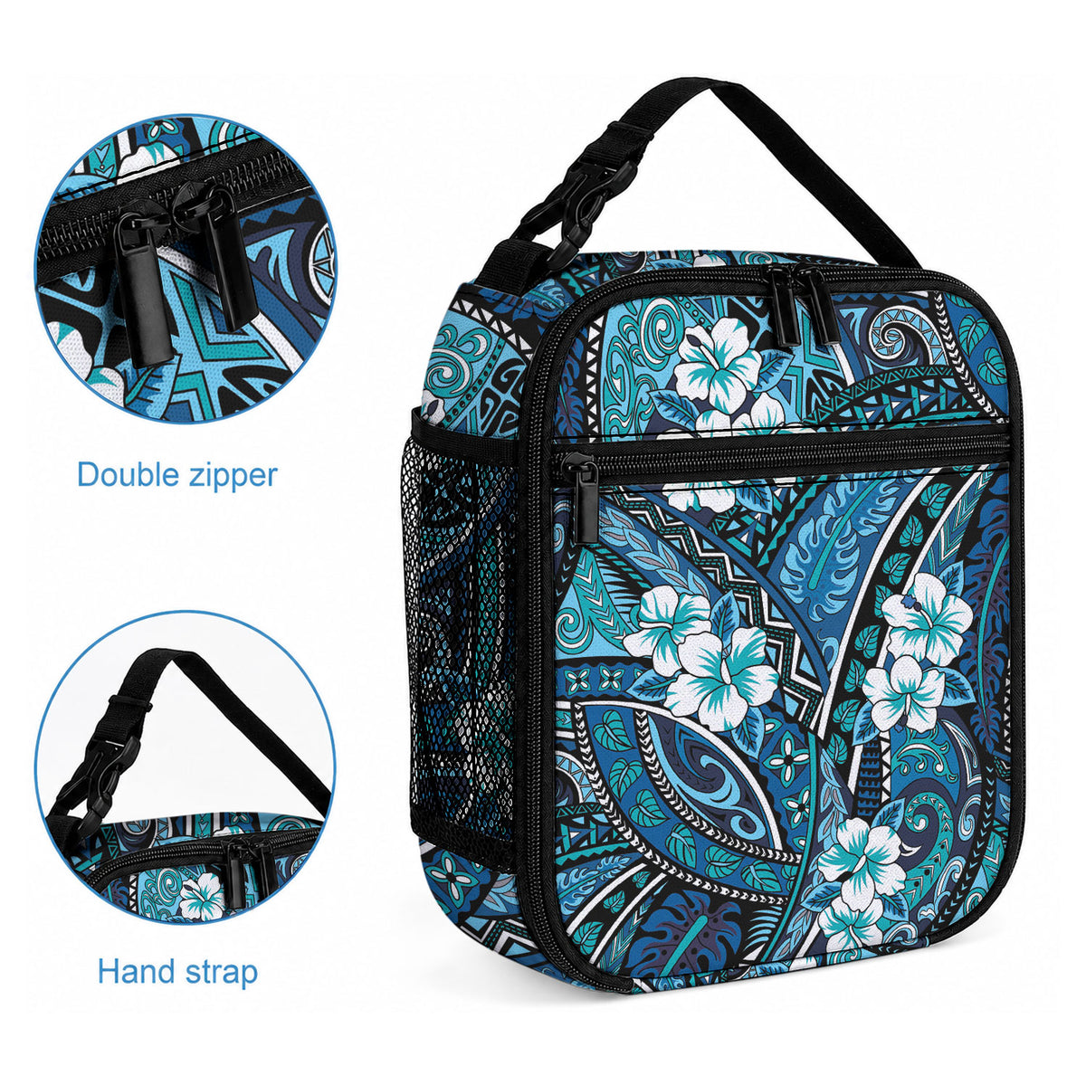 Polynesian Hibiscus Tropical Blue Floral Lunch Bag Tribal Pattern