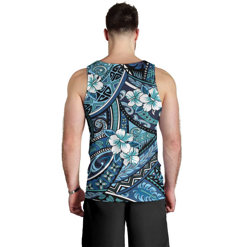 Polynesian Hibiscus Tropical Blue Floral Men Tank Top Tribal Pattern - Polynesian Pride