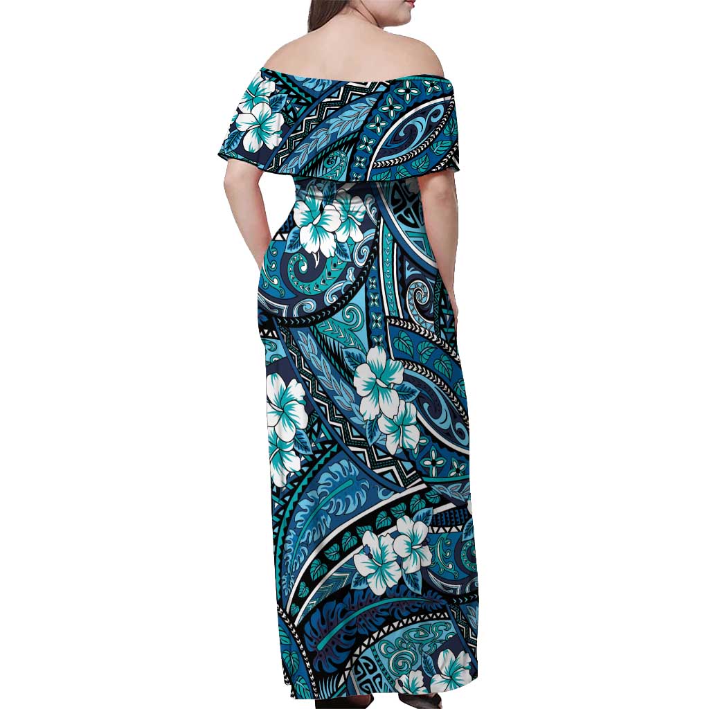 Polynesian Hibiscus Tropical Blue Floral Off Shoulder Maxi Dress Tribal Pattern - Polynesian Pride