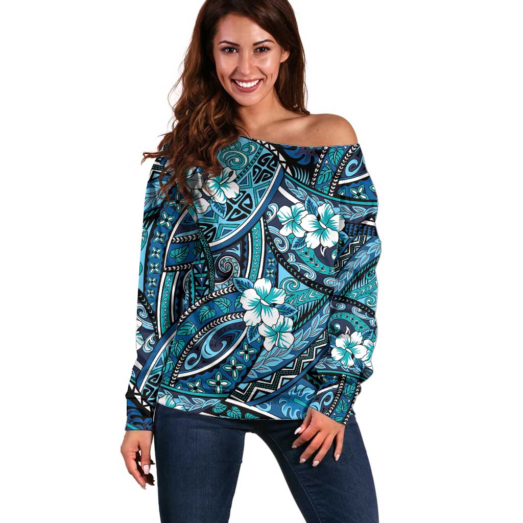 Polynesian Hibiscus Tropical Blue Floral Off Shoulder Sweater Tribal Pattern - Polynesian Pride