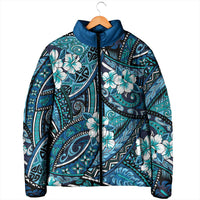 Polynesian Hibiscus Tropical Blue Floral Padded Jacket Tribal Pattern - Polynesian Pride